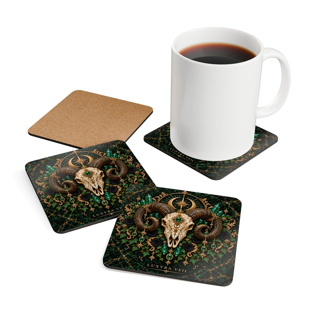 Emerald Ram Skull Cork Coaster Set