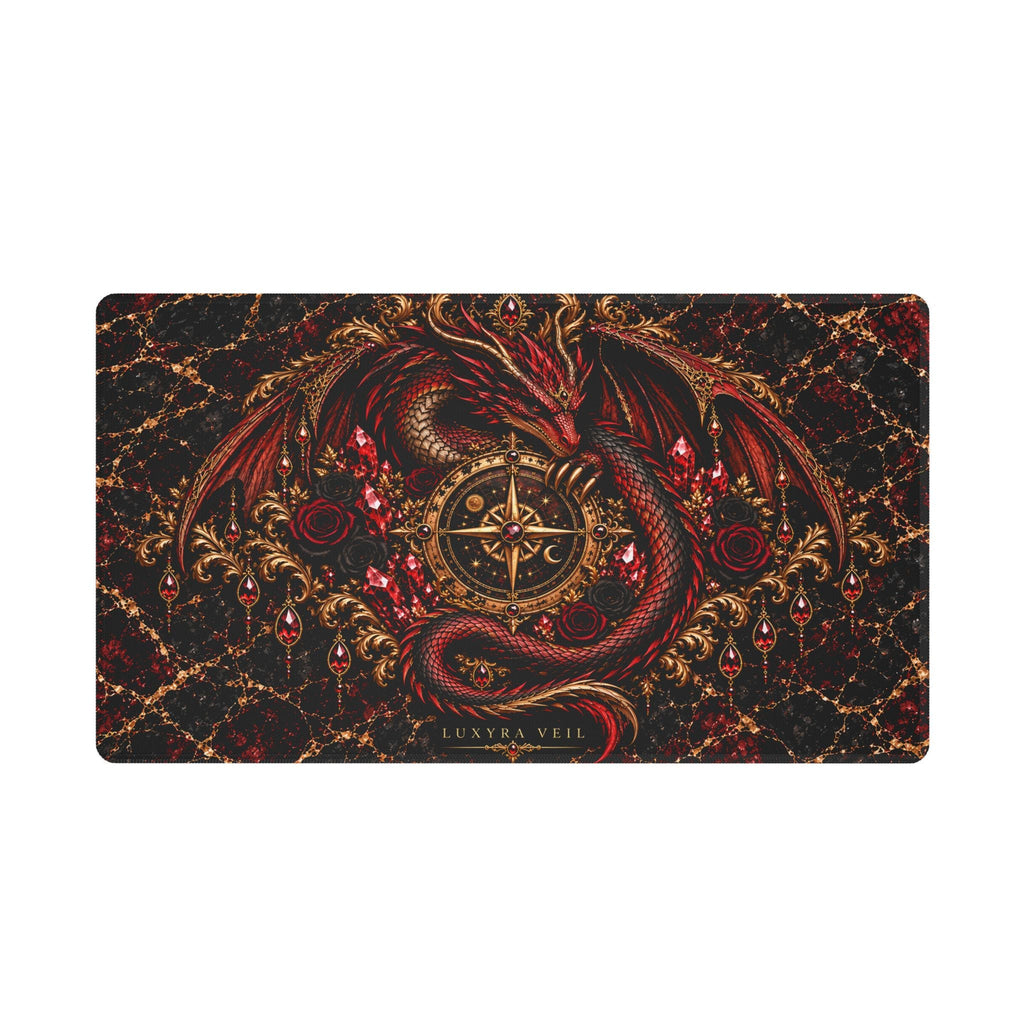 Crimson Dragon desk mat with white stitched edging