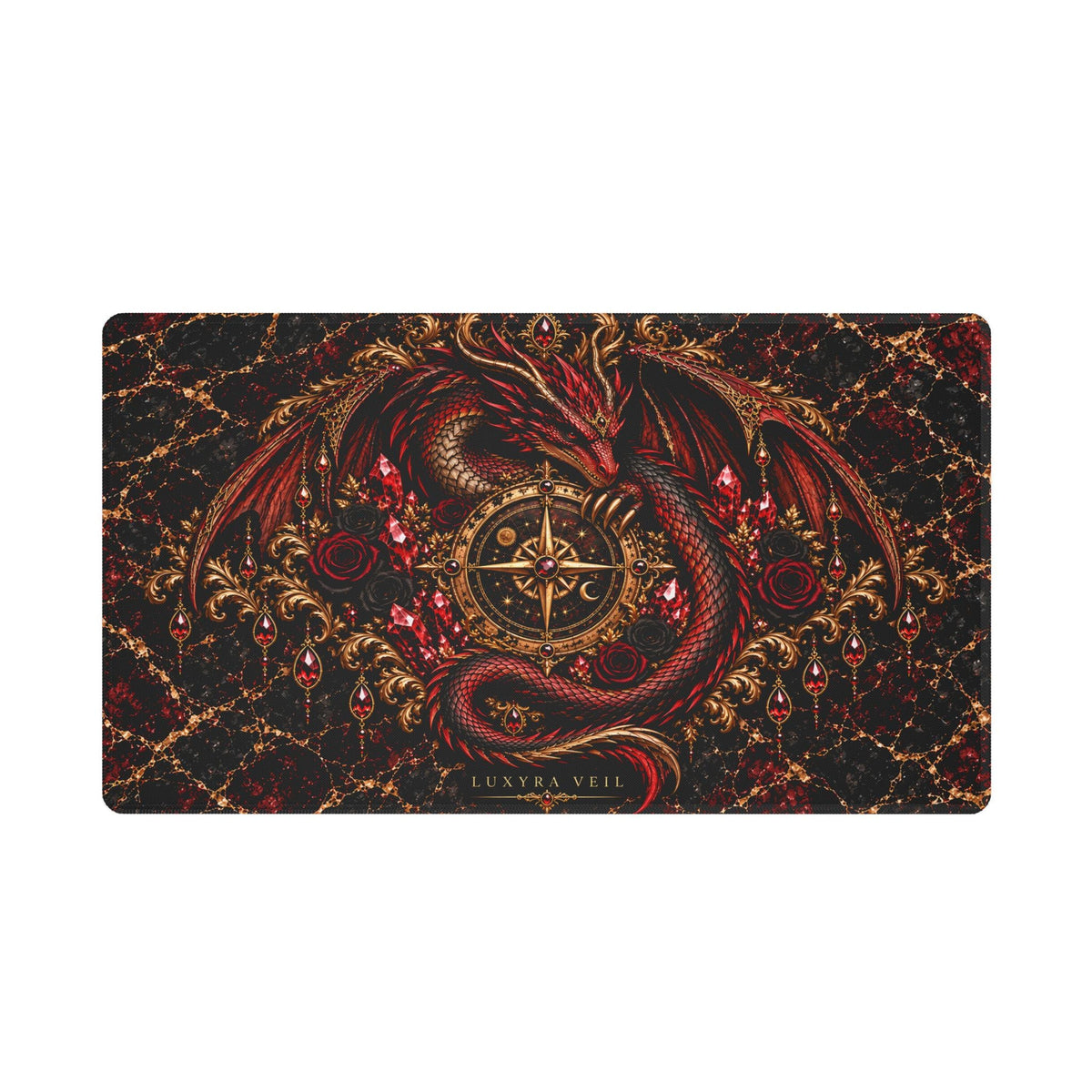 Crimson Dragon desk mat with white stitched edging