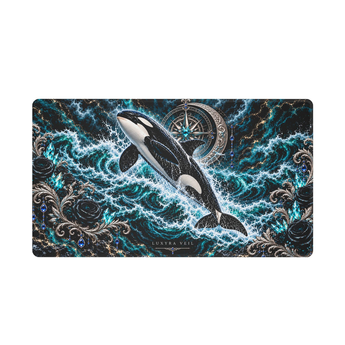 Storm Orca 24 by 14 inch desk mat with white stitched edging