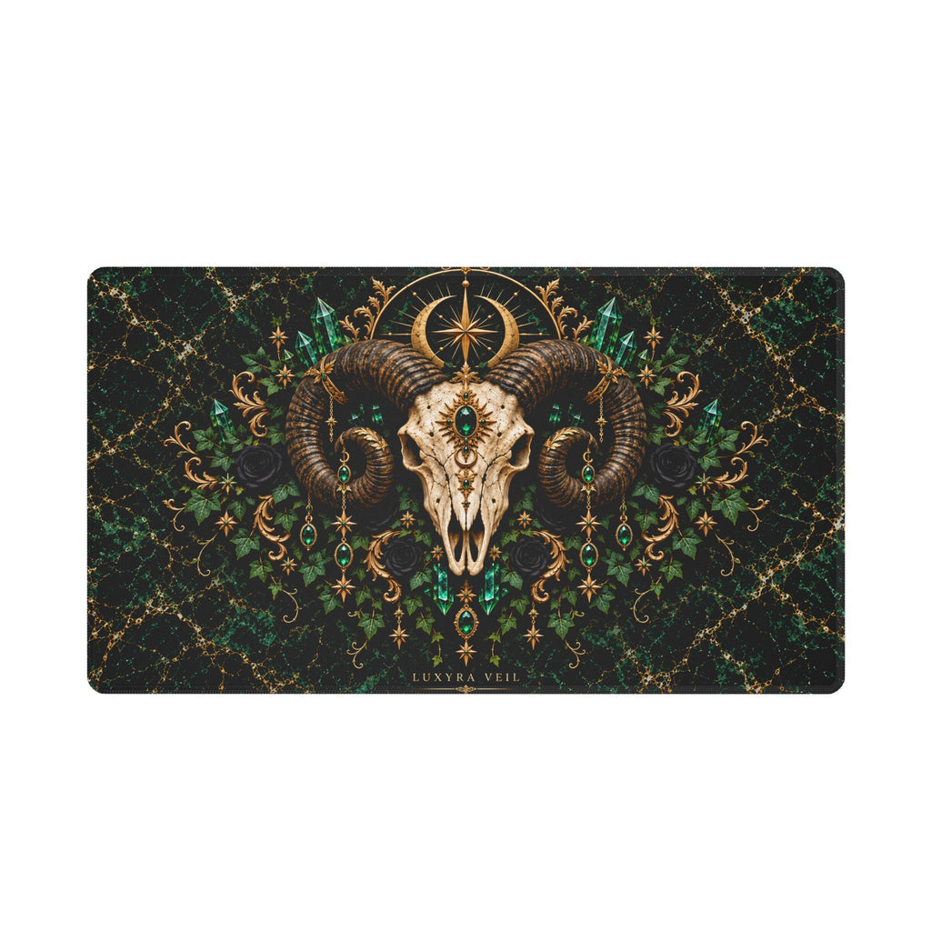 Emerald Ram Skull desk mat with white stitched edging