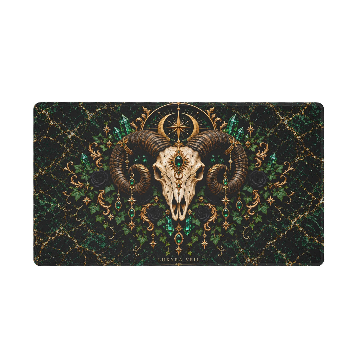 Emerald Ram Skull desk mat with white stitched edging