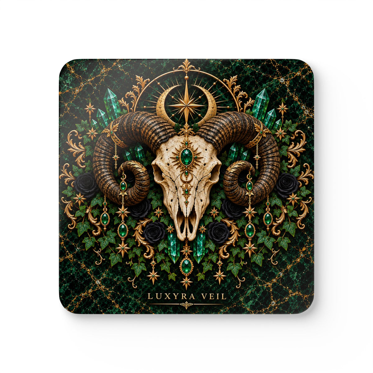 Emerald Ram Skull Cork Coaster Set