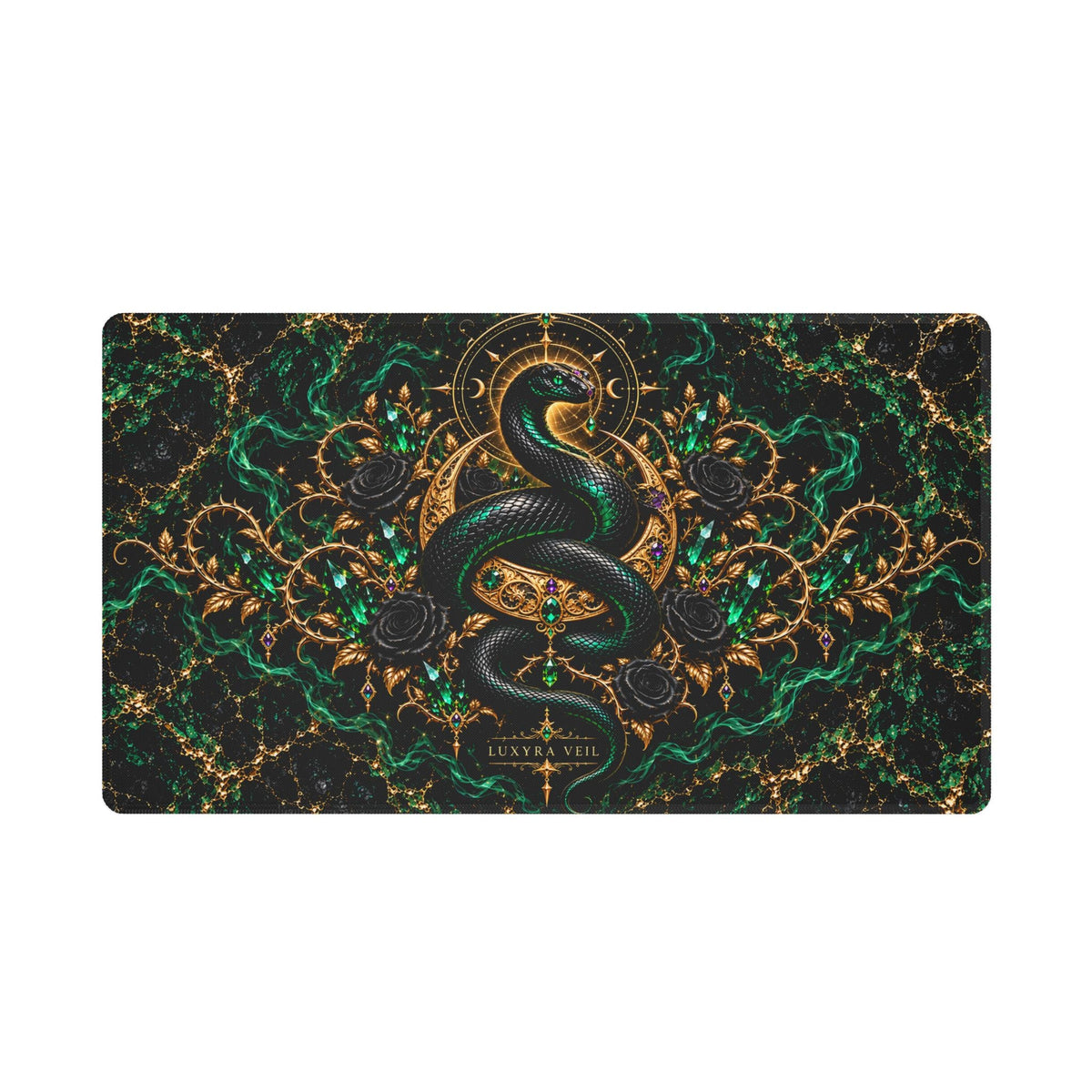 Emerald Serpent 24 by 14 inch white stitched-edge desk mat