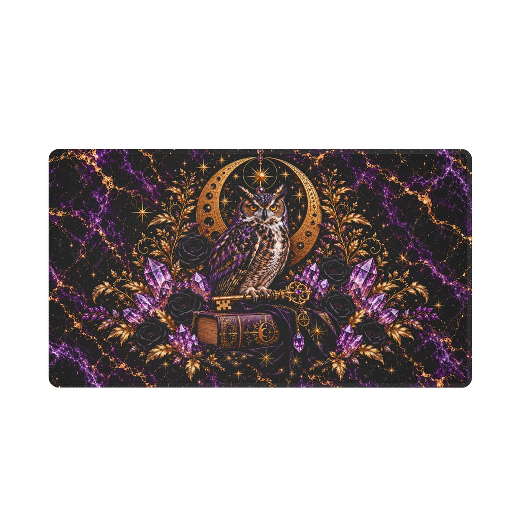 Celestial Owl desk mat with white stitched edging