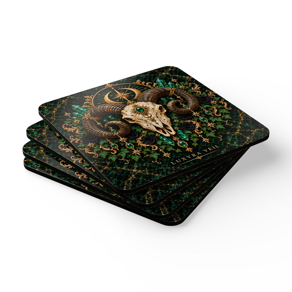 Emerald Ram Skull Cork Coaster Set