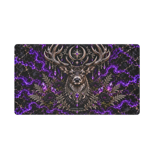 Amethyst Stag 24 by 14 inch white stitched-edge desk mat