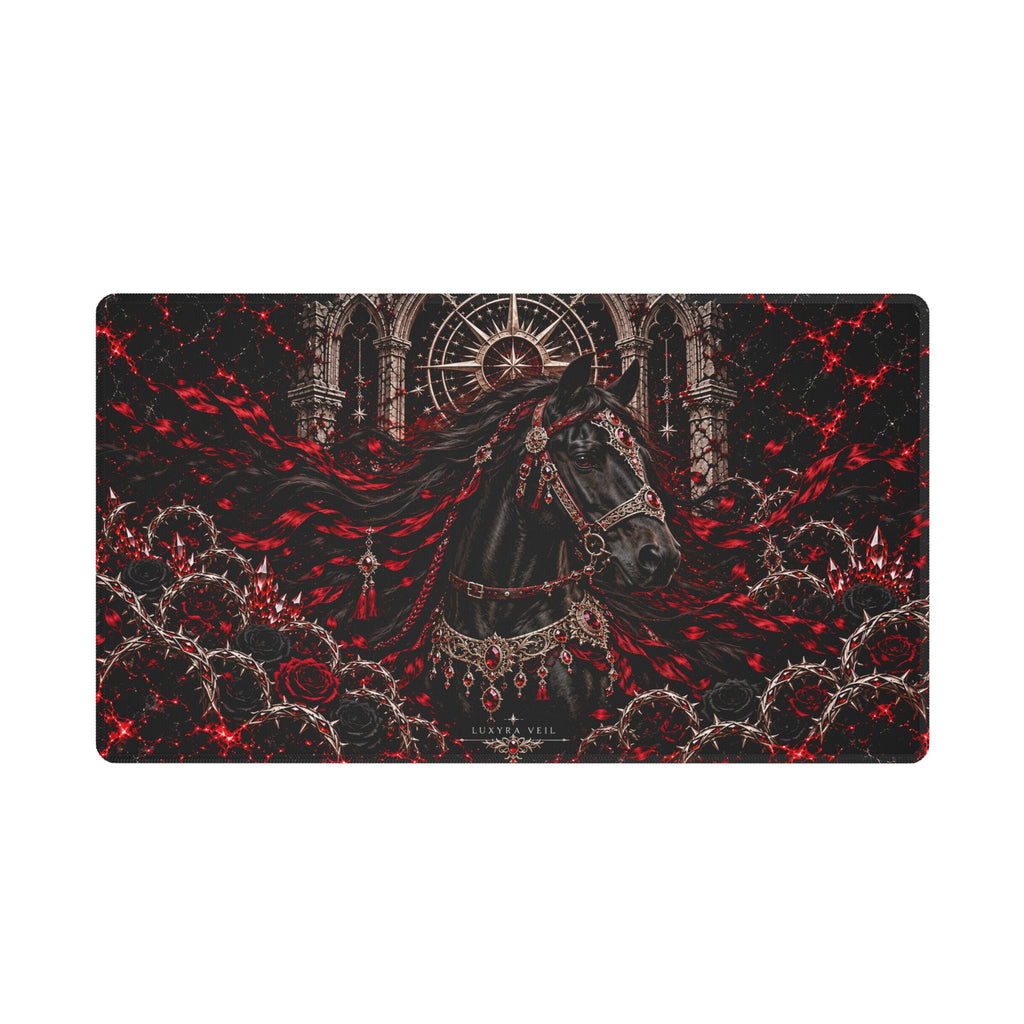 Crimson Stallion 24 by 14 inch white stitched-edge desk mat