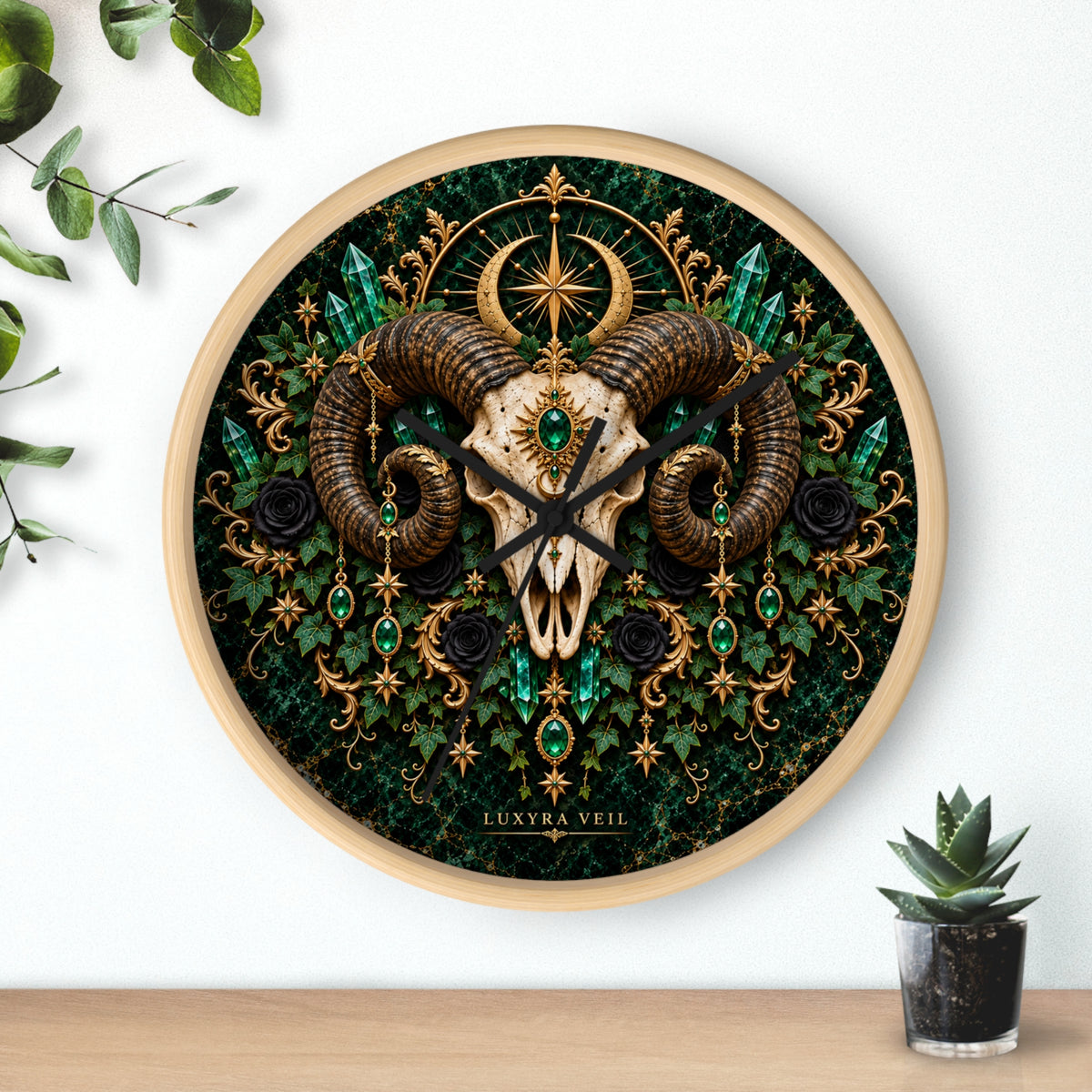 Emerald Ram Skull Wall Clock
