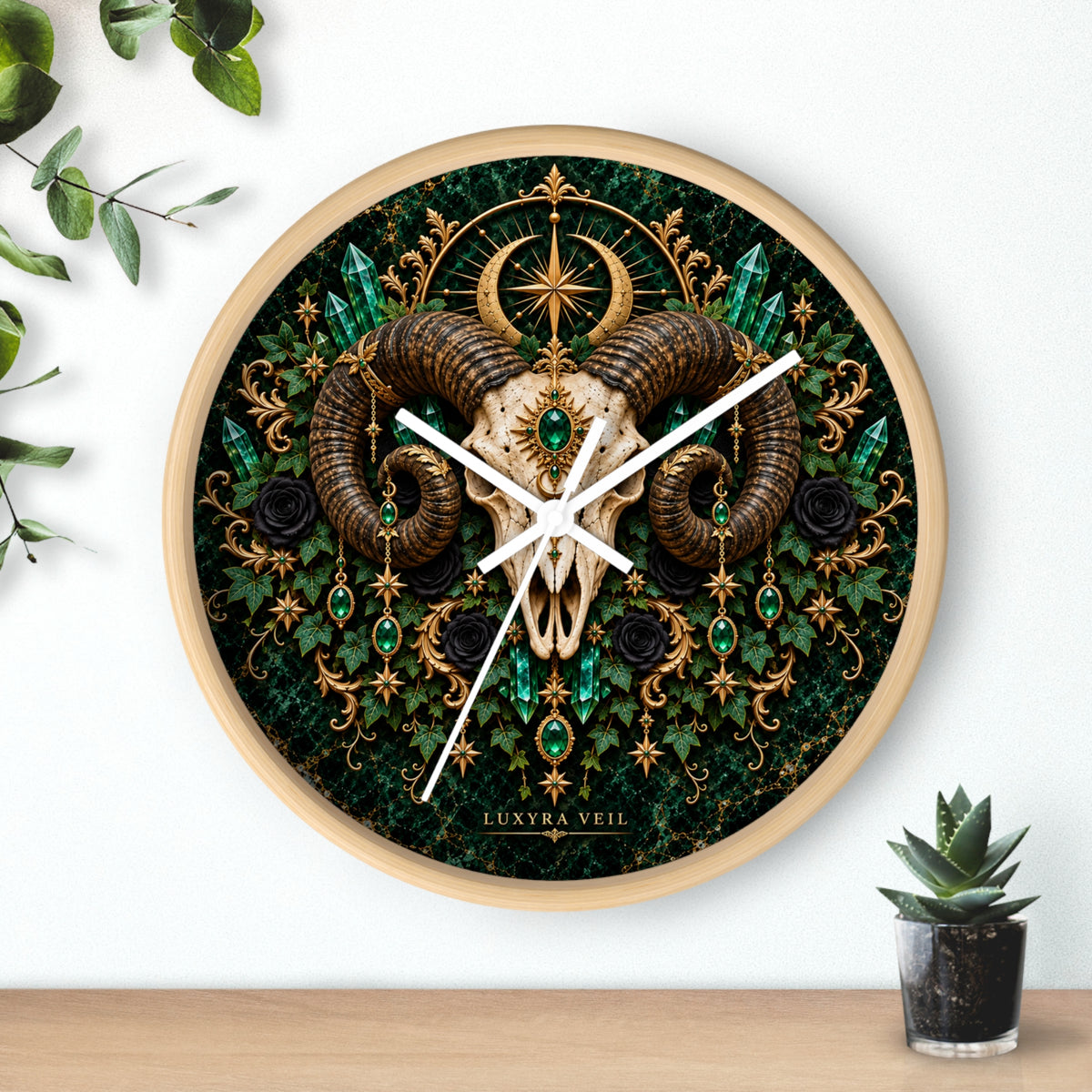 Emerald Ram Skull Wall Clock