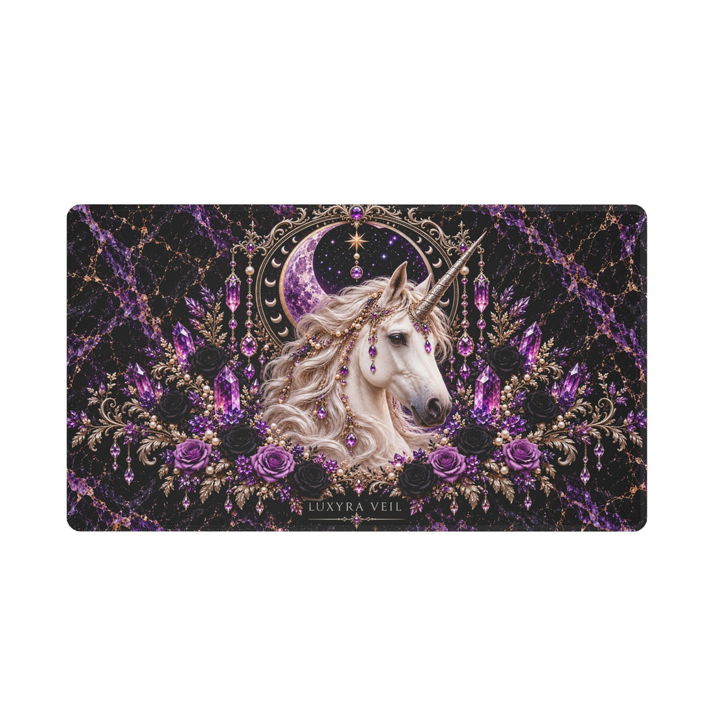 Celestial Unicorn desk mat with white stitched edging