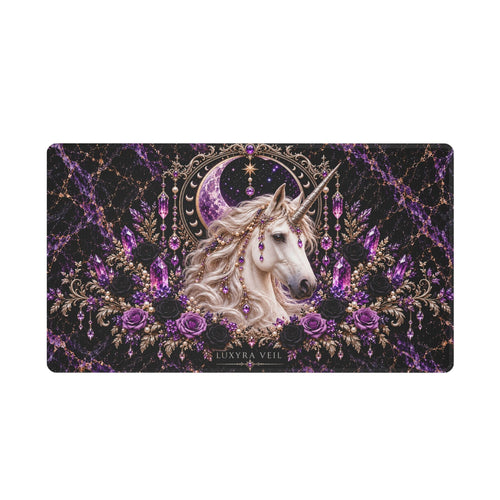 Celestial Unicorn desk mat with white stitched edging