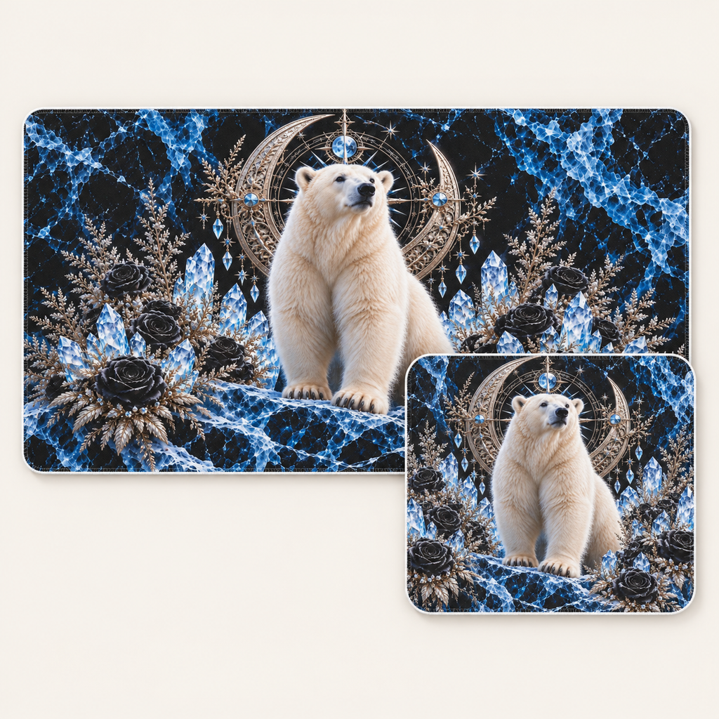 Arctic Polar Bear bundle with 24 by 14 inch desk mat and matching 9 by 8 inch mouse pad