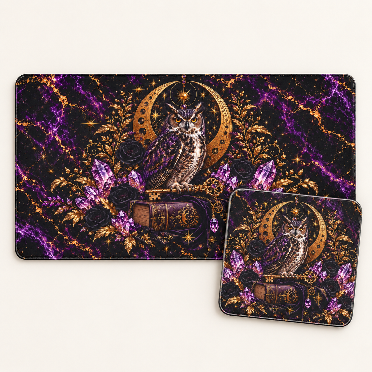 Celestial Owl bundle with 24 by 14 inch desk mat and matching 9 by 8 inch mouse pad