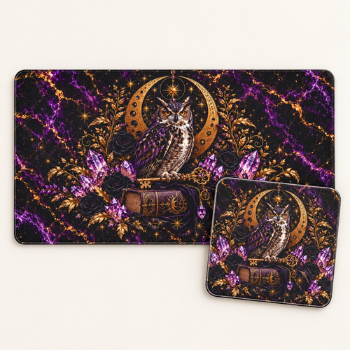 Celestial Owl bundle with 24 by 14 inch desk mat and matching 9 by 8 inch mouse pad