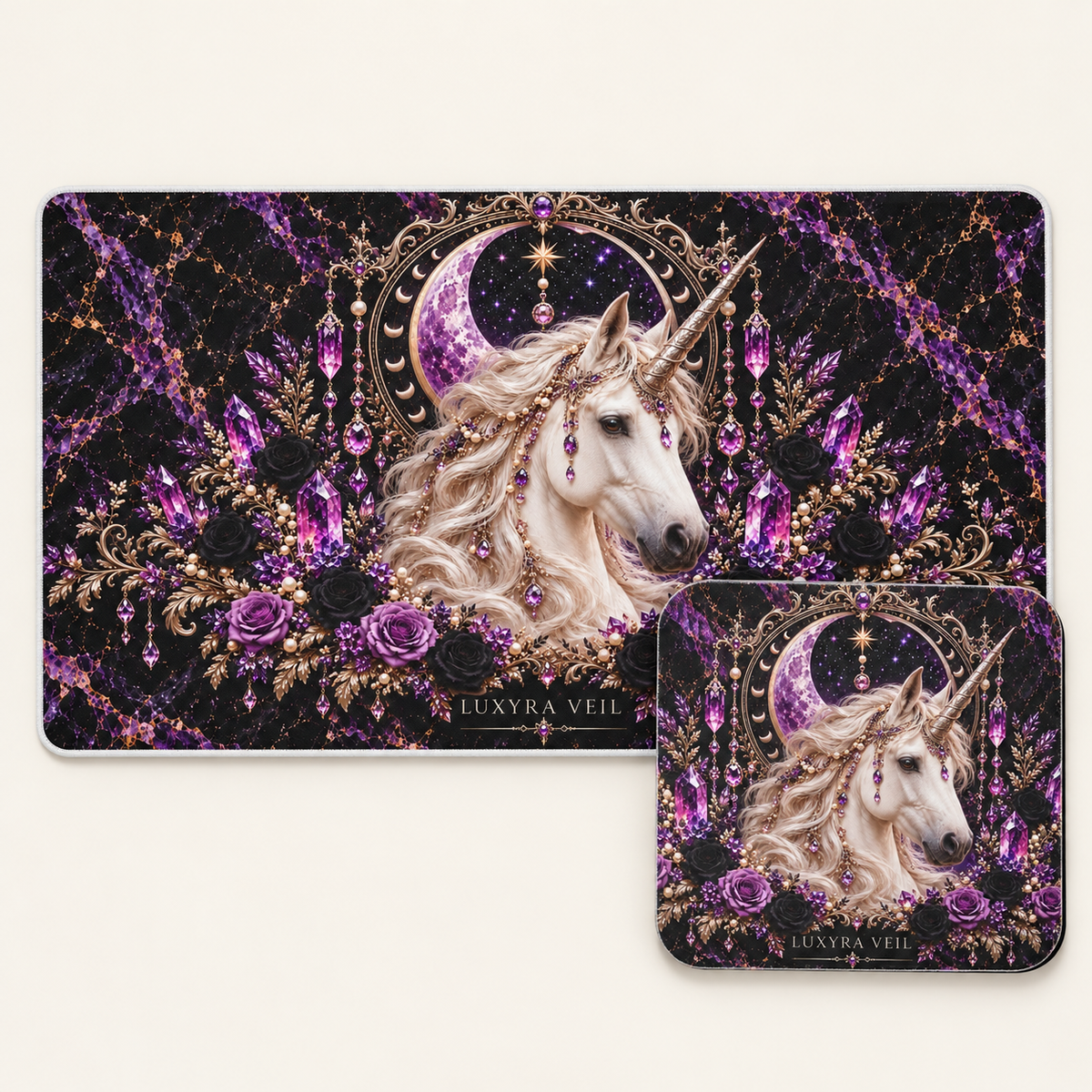 Celestial Unicorn bundle with 24 by 14 inch desk mat and matching 9 by 8 inch mouse pad