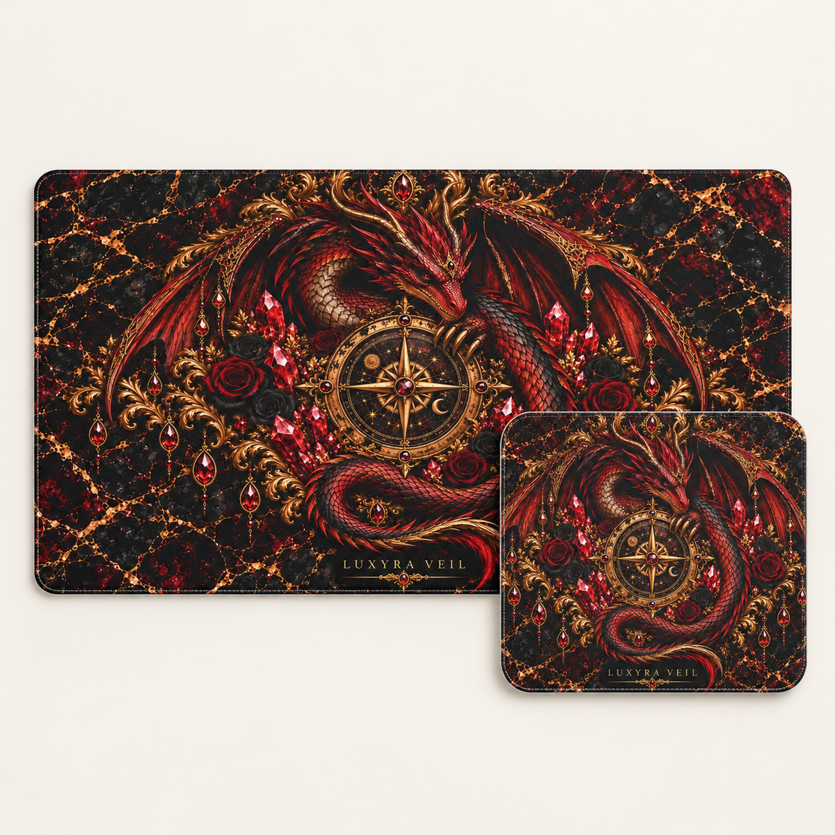 Crimson Dragon bundle with 24 by 14 inch desk mat and matching 9 by 8 inch mouse pad