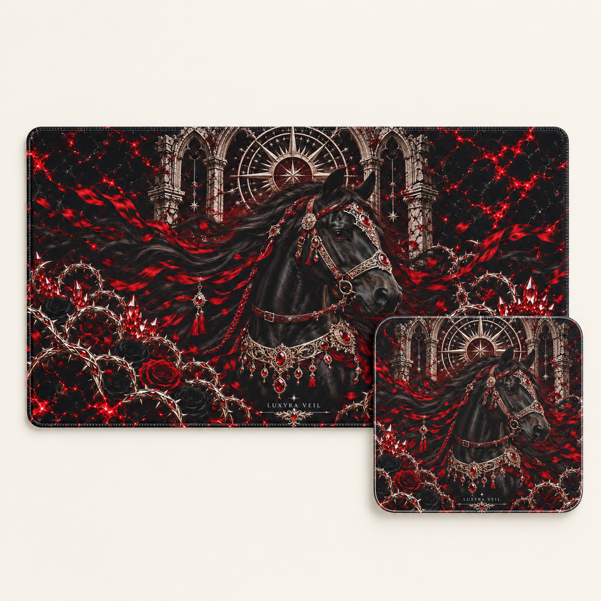 Crimson Stallion desk mat and mouse pad bundle