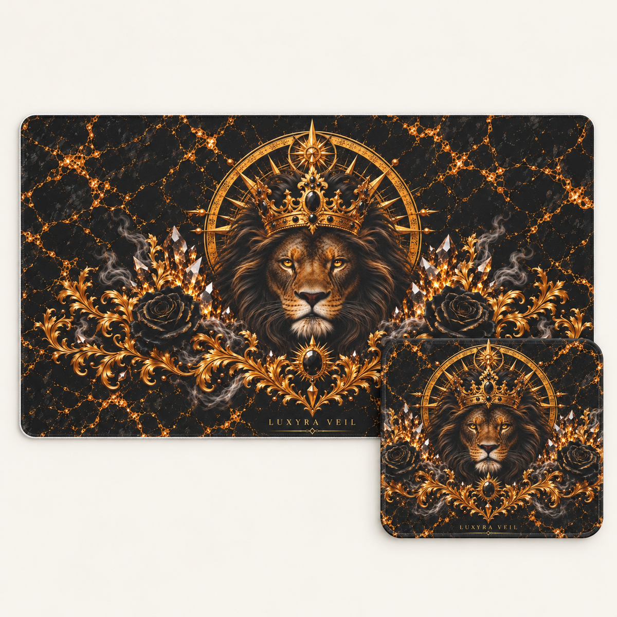 Crowned Lion bundle with 24 by 14 inch desk mat and matching 9 by 8 inch mouse pad