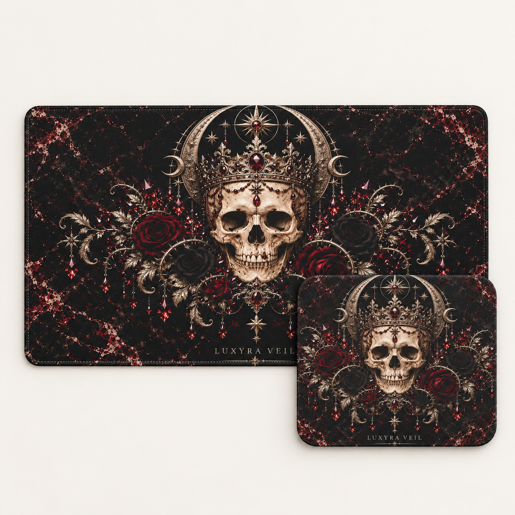 Crowned Skull bundle with 24 by 14 inch desk mat and matching 9 by 8 inch mouse pad