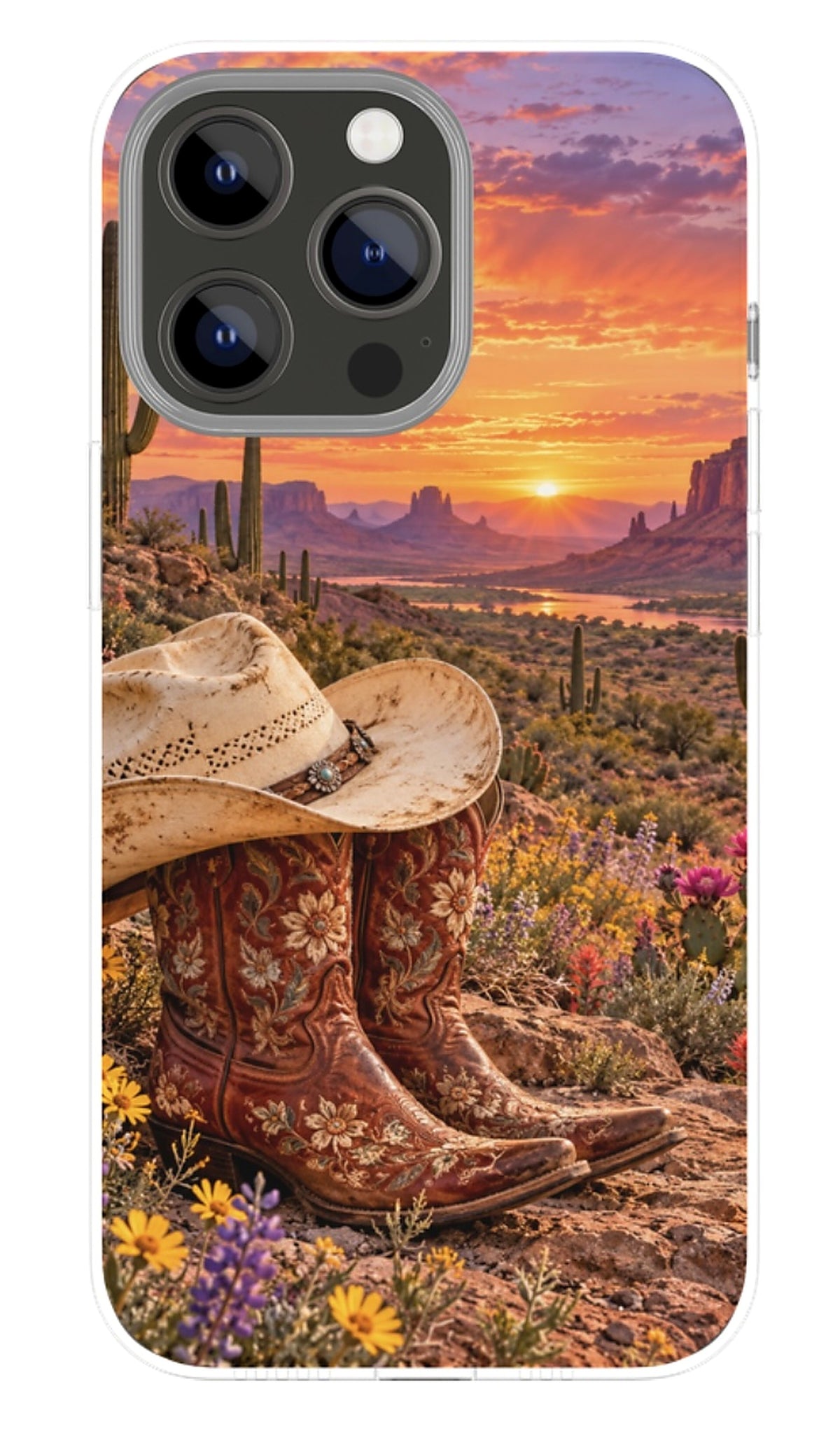 Desert Sunset Cowboy Boots phone case mockup