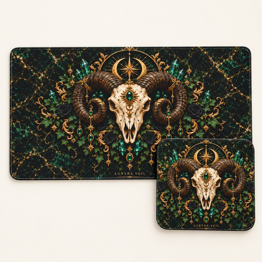 Emerald Ram Skull bundle with 24 by 14 inch desk mat and matching 9 by 8 inch mouse pad