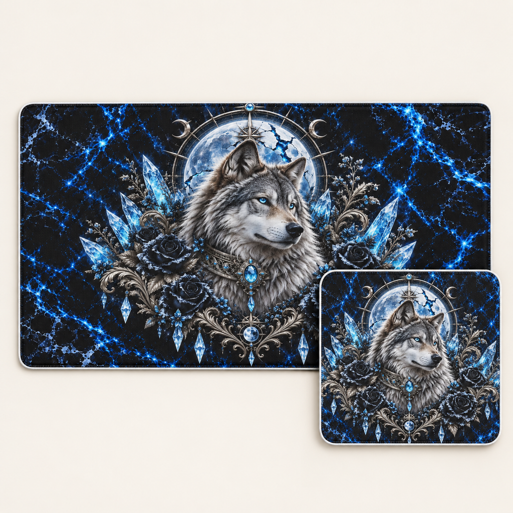 Frost Wolf desk mat and mouse pad bundle