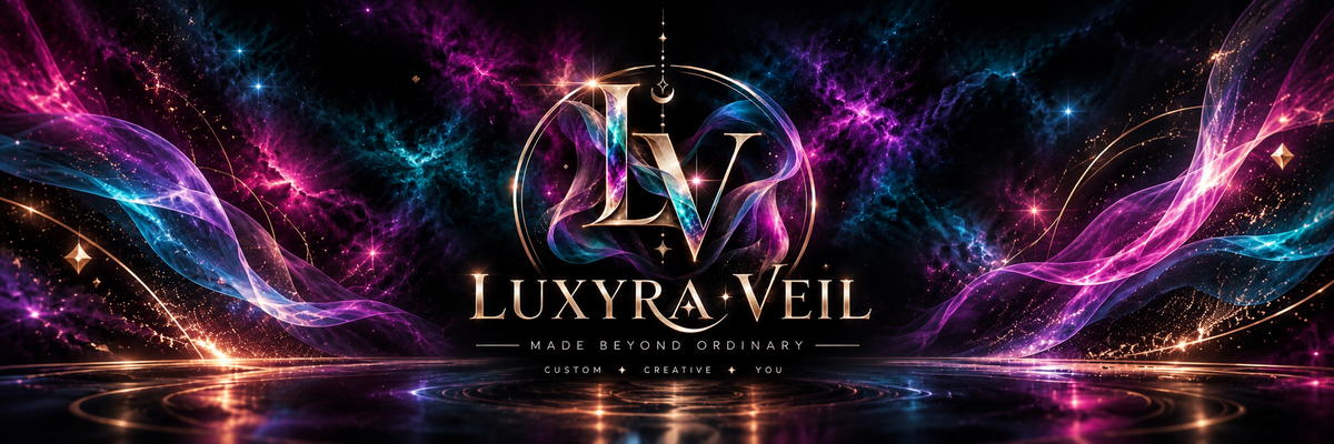Luxyra Veil gold LV emblem with violet and turquoise cosmic ribbons — Made Beyond Ordinary