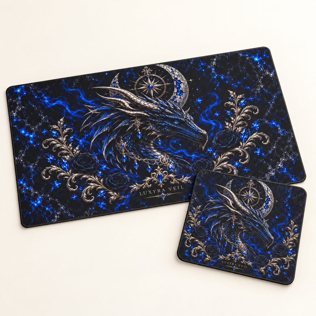 Sapphire Dragon desk mat and mouse pad bundle