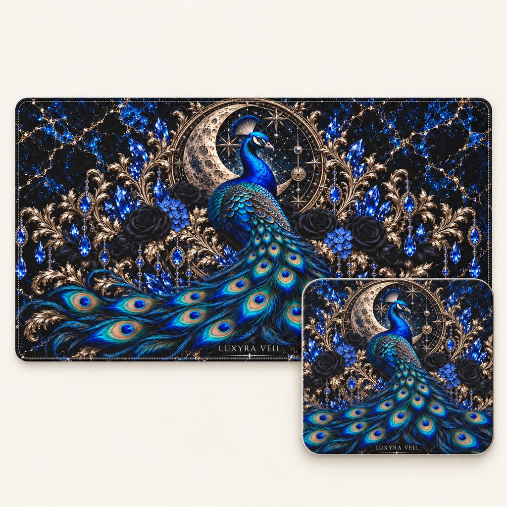 Sapphire Peacock desk mat and mouse pad bundle