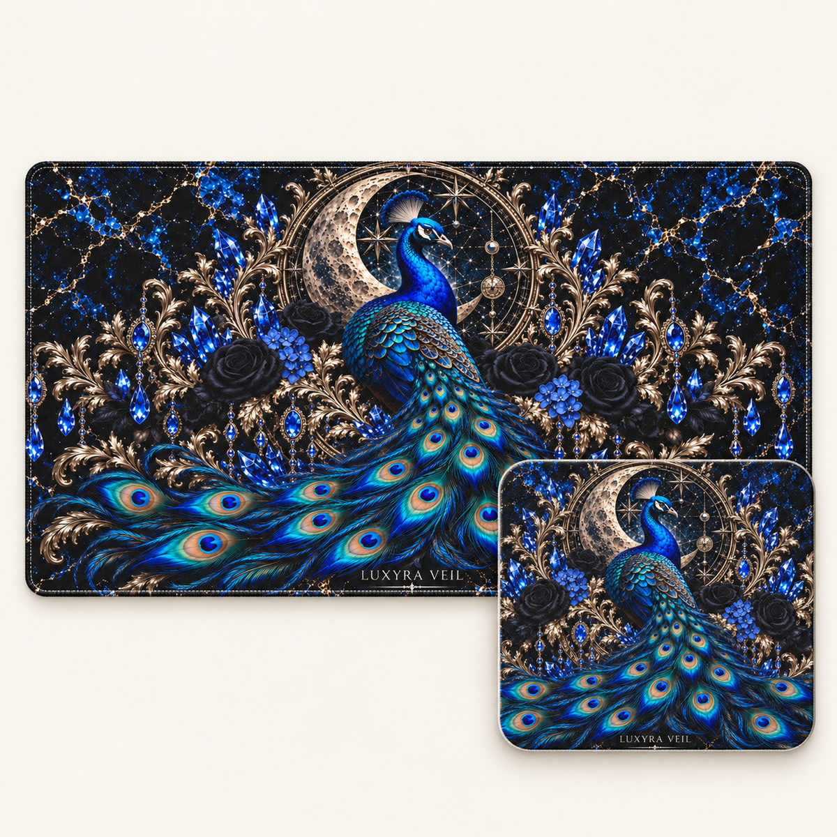Sapphire Peacock desk mat and mouse pad bundle