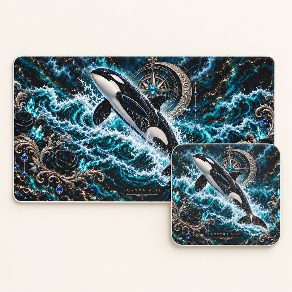 Storm Orca bundle: 24 by 14 inch white stitched-edge desk mat and matching 9 by 8 inch mouse pad