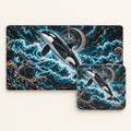 Storm Orca bundle: 24 by 14 inch white stitched-edge desk mat and matching 9 by 8 inch mouse pad