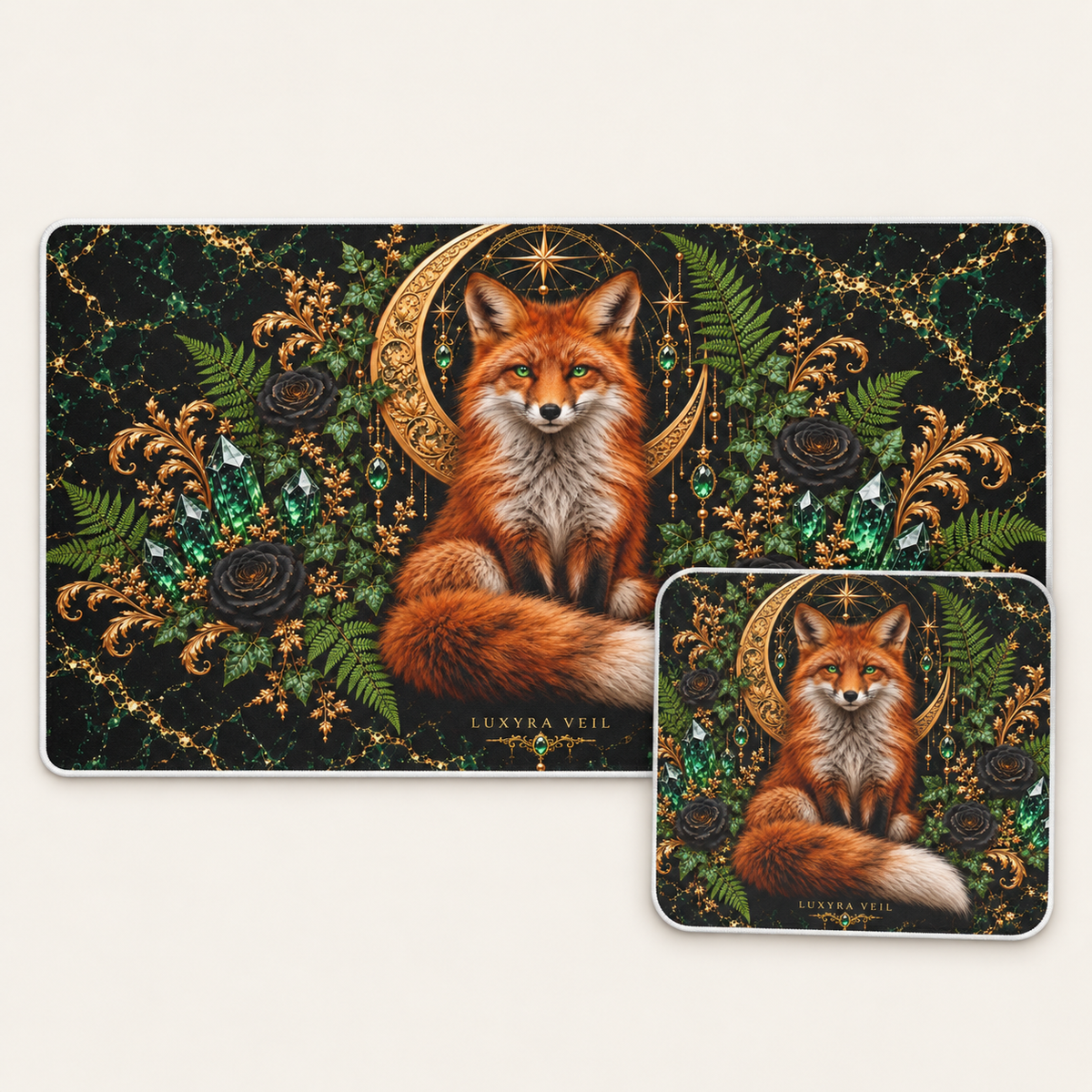 Woodland Fox bundle with 24 by 14 inch desk mat and matching 9 by 8 inch mouse pad